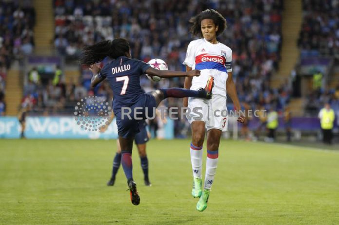 Lyon's Wendie Renard in action with Paris Saint Germain's Aminata Diallo
