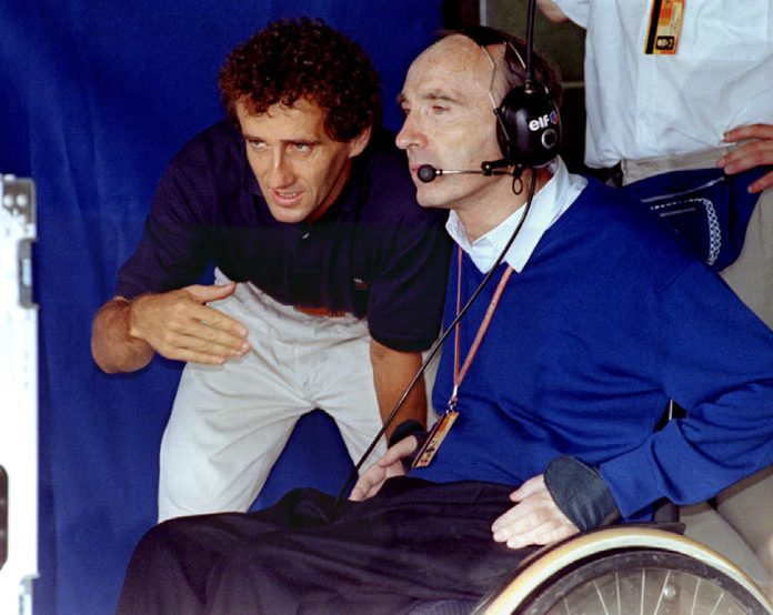 FILE PHOTO: Three-time Formula One World Champion Alain Prost (L) talks to Renault-Williams team boss Frank Will..
