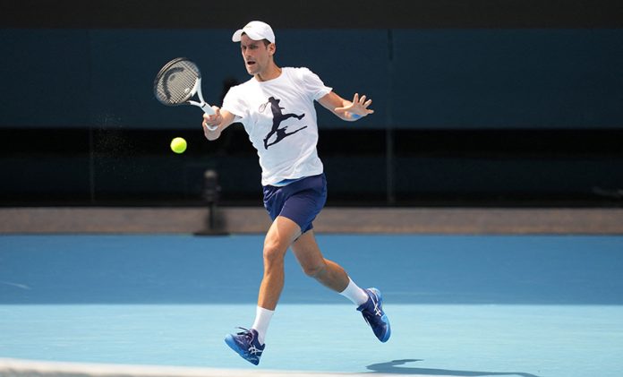 Novak Djokovic practices at Melbourne Park in Melbourne