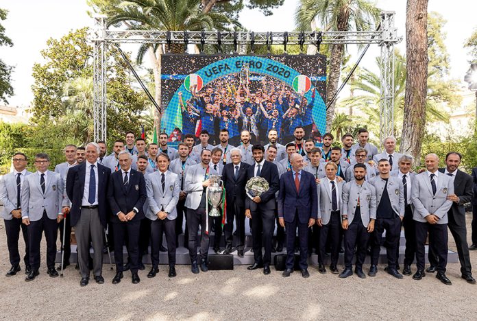 Italy's President Sergio Mattarella meets with the Italy team after they won Euro 2020 and with Italy's Matteo Berrettini after reaching the Wimbledon men's singles final