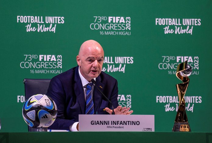 FIFA President Gianni Infantino speaks at a news conference following the 73rd FIFA Congress at the BK Arena in Kigali