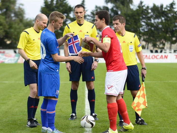 15 Nov 2015 - Malta U19 v Iceland U19 0-1 Captains Matthew Guillaimier - Albert Gudmundsson (1)