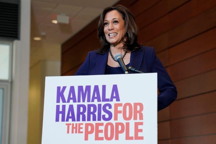 Senator Kamala Harris (D-CA) speaks to the media after announcing she will run for president of the United States at Howard University in Washington