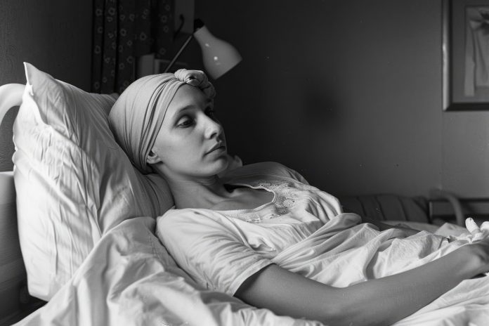Fight Cancer. Woman Patient in Hospital Bed undergoing Cancer Treatment
