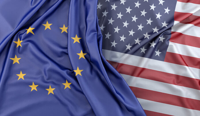 Ruffled Flags of European Union and United States of America. 3D Rendering