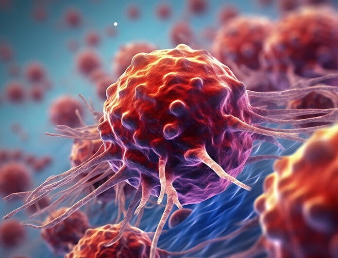 Microscopic view of organic substance, bacteria,virus or cancer cell, macro. Created with Generative AI technology.