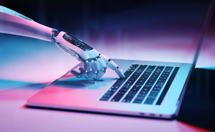 Robotic hand pressing a keyboard on a laptop 3D rendering