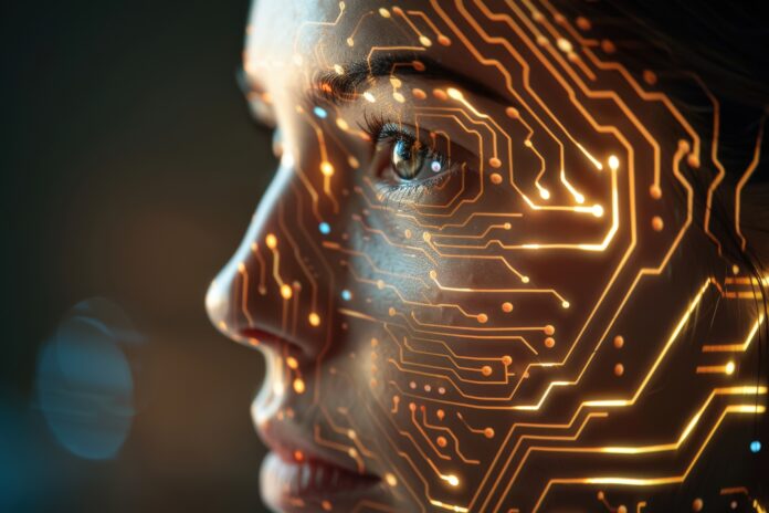 A woman's face is shown in a computer generated image with a lot of circuitry, generative ai image